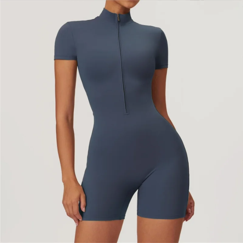 Half zipper one-piece fitness suit with stand up collar